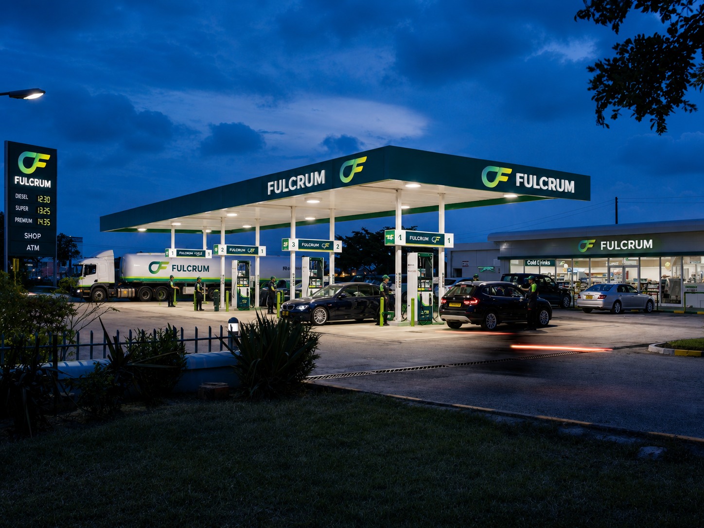 Fulcrum retail fuel service station lit up at dusk
